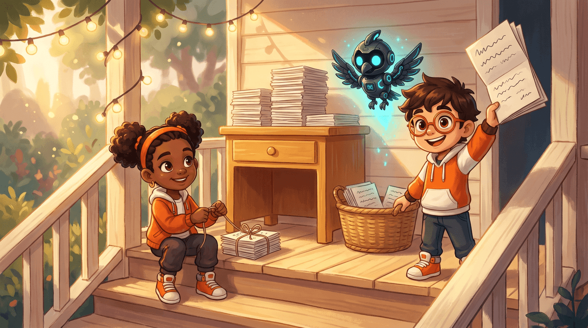 The crew on the porch steps under string lights, handing folded Signal booklets to neighbors while Nova hovers above.
