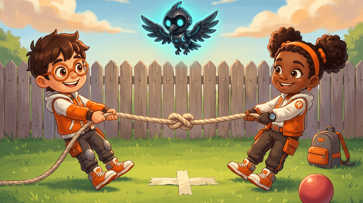 Rocket and Raven on a backyard lawn pull the two ends of a soft rope in a gentle tug of war. The center knot hangs still over a masking tape line. Nova the drone hovers above the knot. A backpack and a soft playground ball rest on the grass nearby.