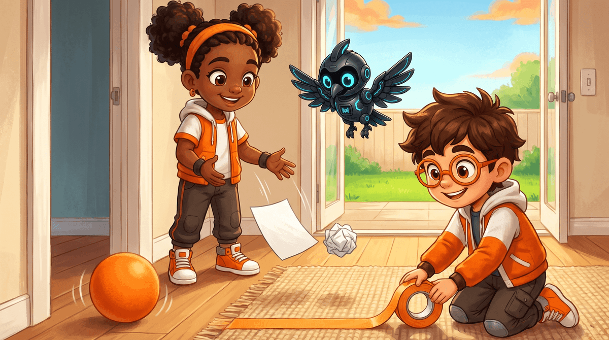 Rocket, Raven and Nova in a hallway that opens onto a patio. A foam ball rolls from the smooth wood floor onto a rug and slows. Raven drops a flat sheet of paper and a crumpled paper ball side by side. Rocket kneels and marks the rug with tape while Nova hovers between them.