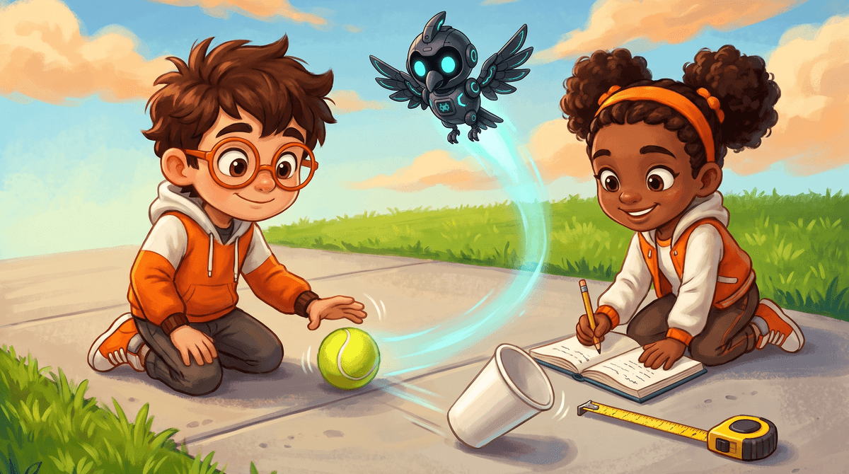 Rocket on a driveway rolling a tennis ball toward a paper cup lying on its side. The cup slides and tips, with a tape measure beside it. Raven kneels writing in a notebook while Nova hovers and traces a soft cyan line behind the moving ball.