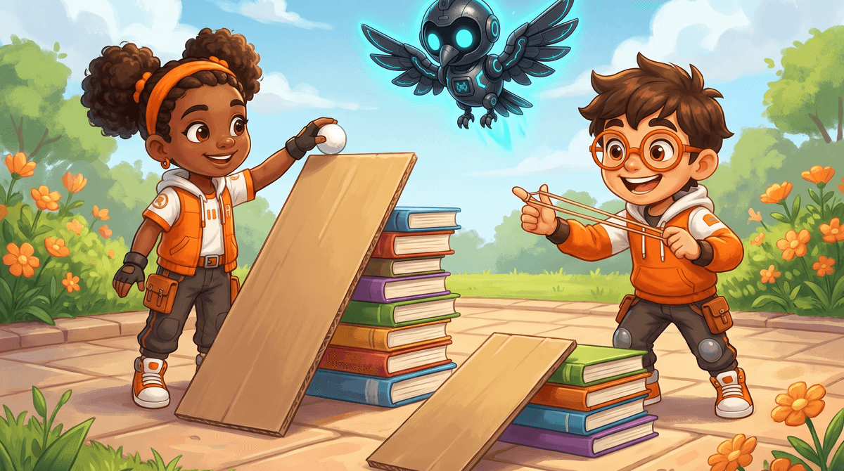 Raven places a foam ball at the top of a tall cardboard ramp propped on a stack of books on a patio. A second, lower ramp made of one book sits beside it. Rocket stretches a rubber band between his fingers and grins while Nova hovers above the taller ramp with a cyan glow.
