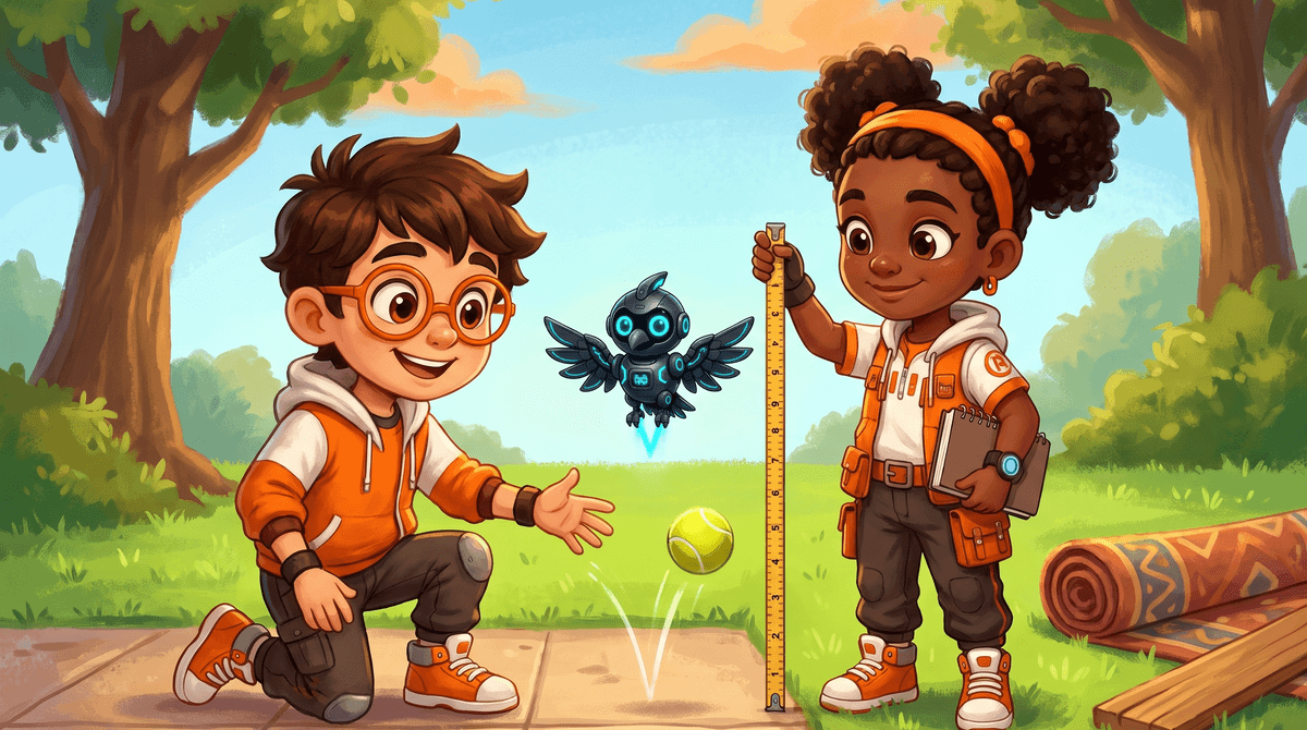 Rocket drops a tennis ball onto a patio tile and it bounces back up to about his knee. Raven holds a tape measure upright beside the bounce with a notebook under her arm. Nova hovers level with the top of the bounce, glowing cyan. A rug and a wooden board lie nearby for the next test.