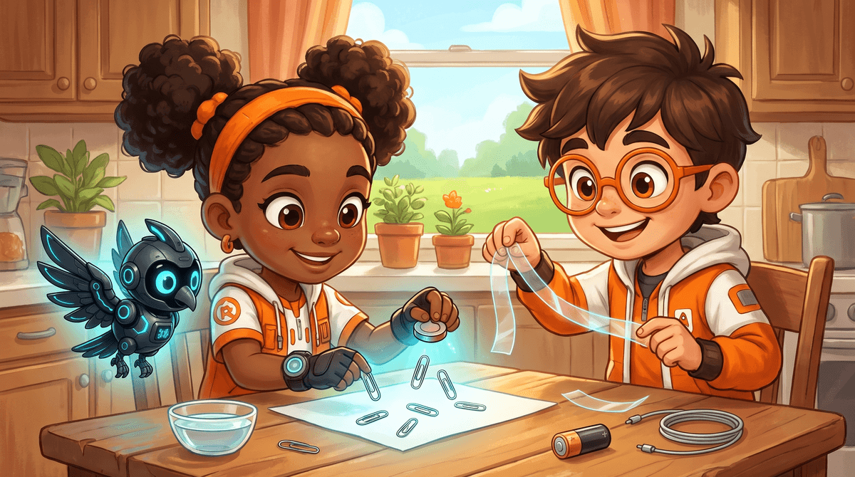 Rocket, Raven and Nova at a kitchen table. Raven holds a small fridge magnet over a sheet of paper, lifting paper clips through it. Rocket dangles a strip of clear tape that bends toward another strip. Nova the drone hovers low with a soft glow.