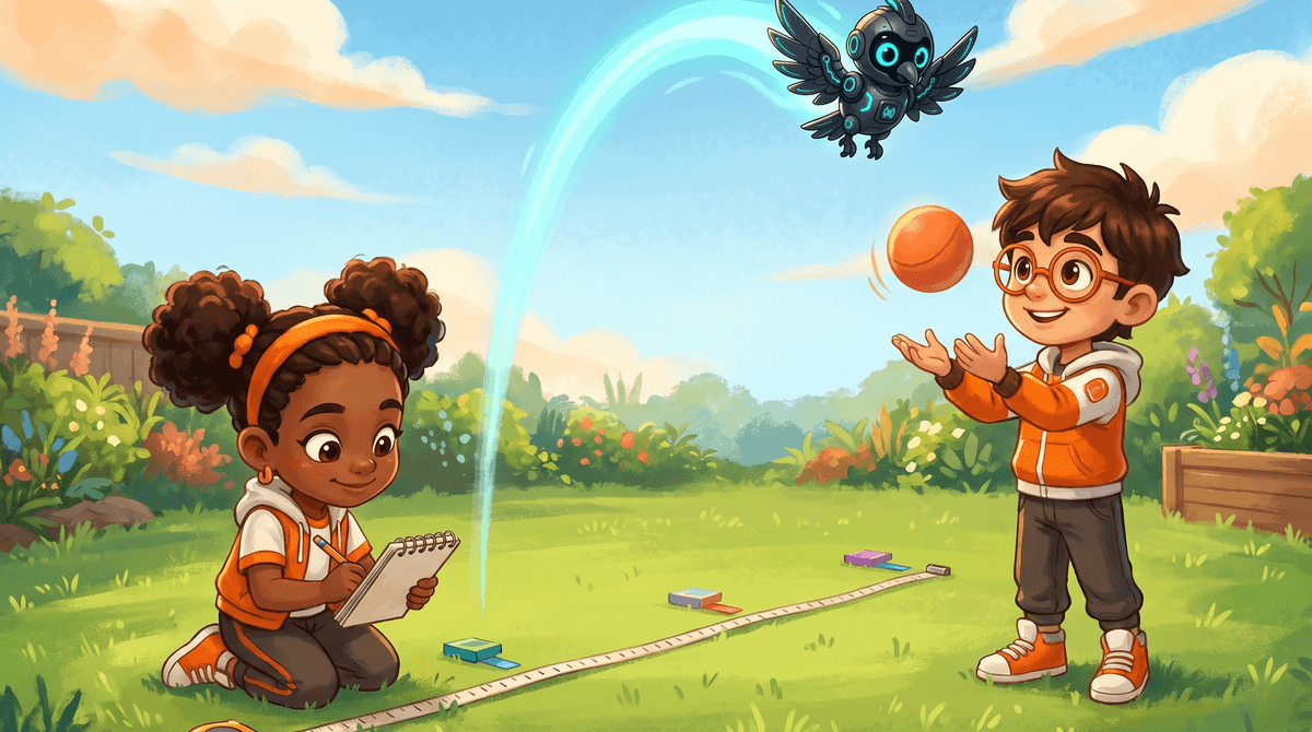 Rocket on a sunny lawn gently tossing a foam ball in a high arc. Raven kneels at a tape measure stretched along the grass with a notebook. Three tape markers sit on the grass. Nova the drone hovers and traces a soft arc that matches the ball's path.