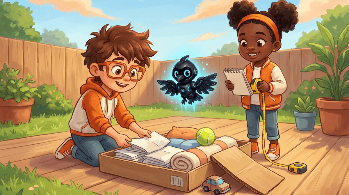 Rocket, Raven and Nova on a patio with a homemade landing pad. The pad is a cardboard tray filled with folded paper, a rolled towel and a small cushion. A tennis ball rests on it after a drop. Rocket adjusts the padding, Raven holds a notebook and a tape measure, and Nova the drone hovers above the pad. A toy car waits beside a short cardboard ramp.