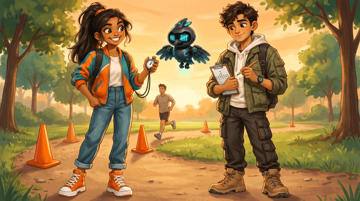 Comet clicks a stopwatch as a runner passes a cone while Wren draws a dot plot and Nova shows a tally.