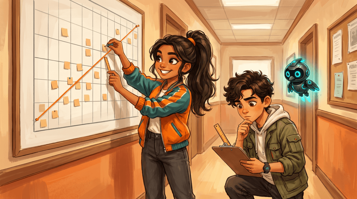 Comet pins a string as the fit line across a sticky-note scatter plot while Wren measures one gap.