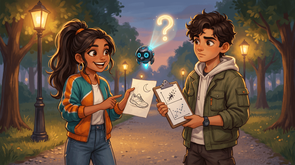 At dusk Wren compares a tight scatter sketch with a loose one while Nova glows a question mark.