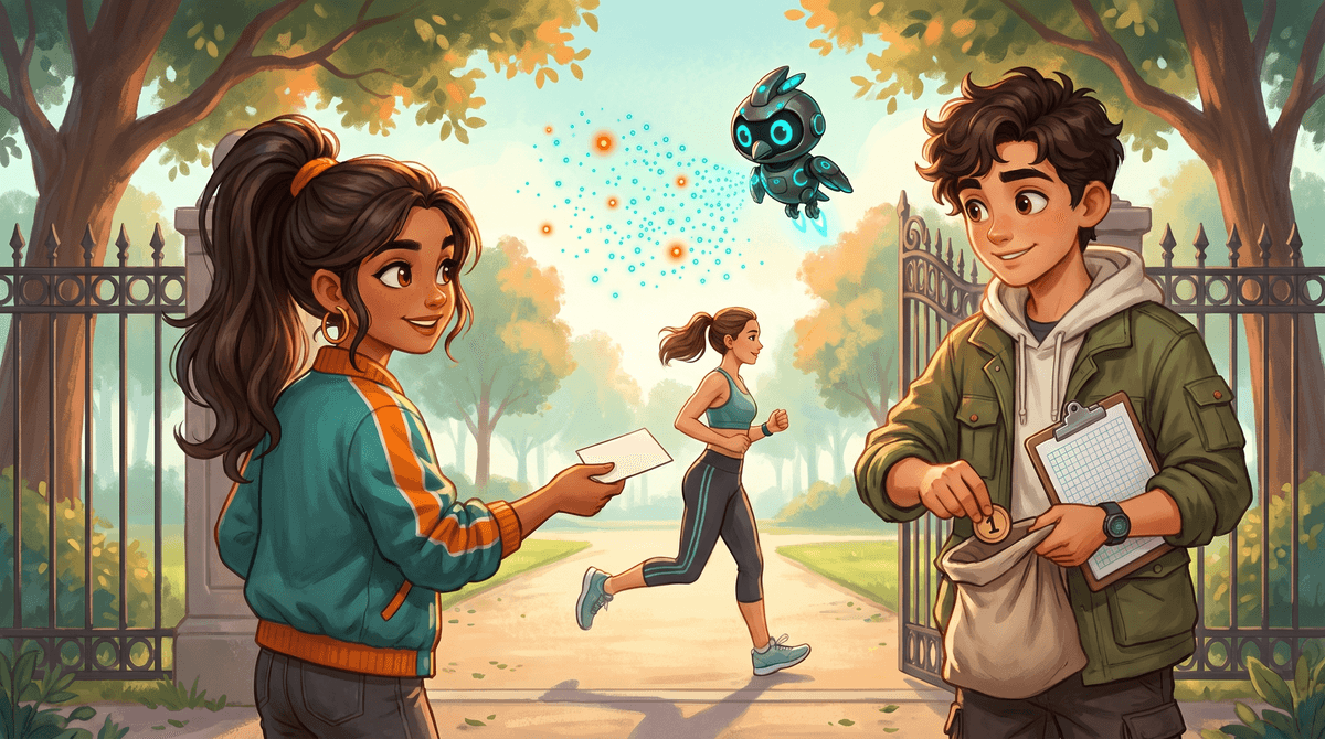 Comet hands a survey card to a runner at the park gate while Wren draws tokens from a bag.