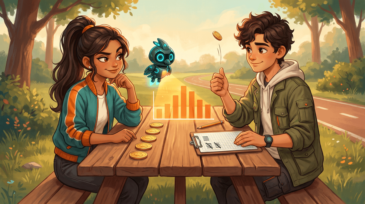 Wren flips a coin over a tally sheet, Comet eyes a row of five tails, Nova projects a bar graph.