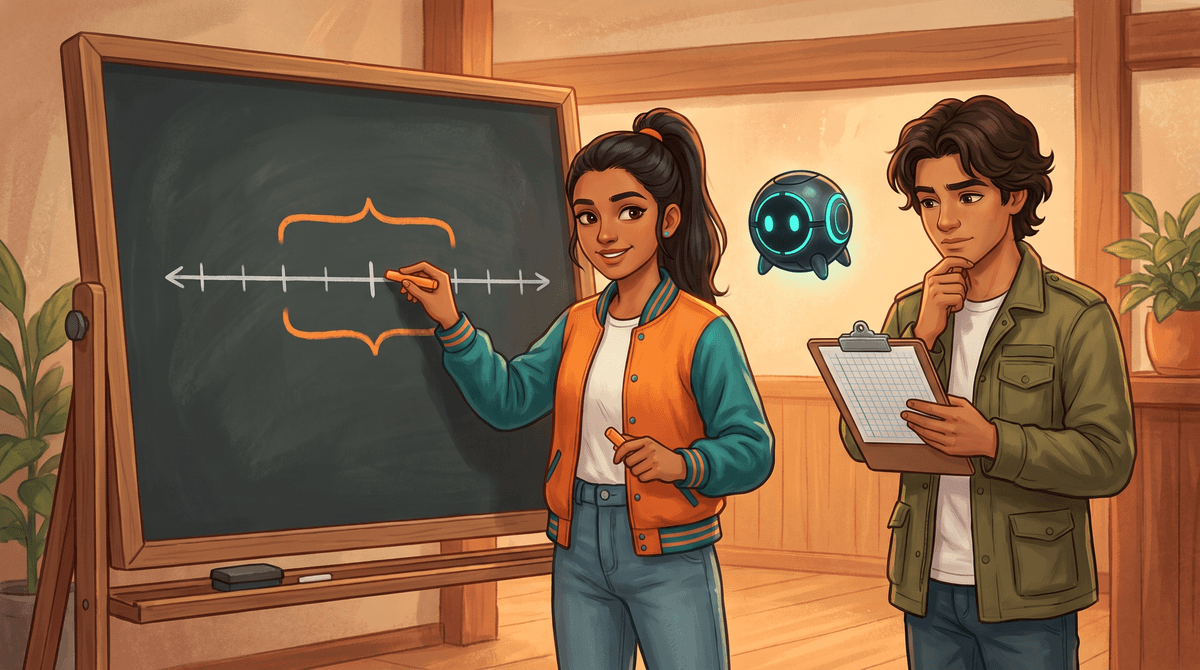 A lobby poster with a chalk percent and a plus-or-minus bracket; Comet draws, Wren checks a tally.