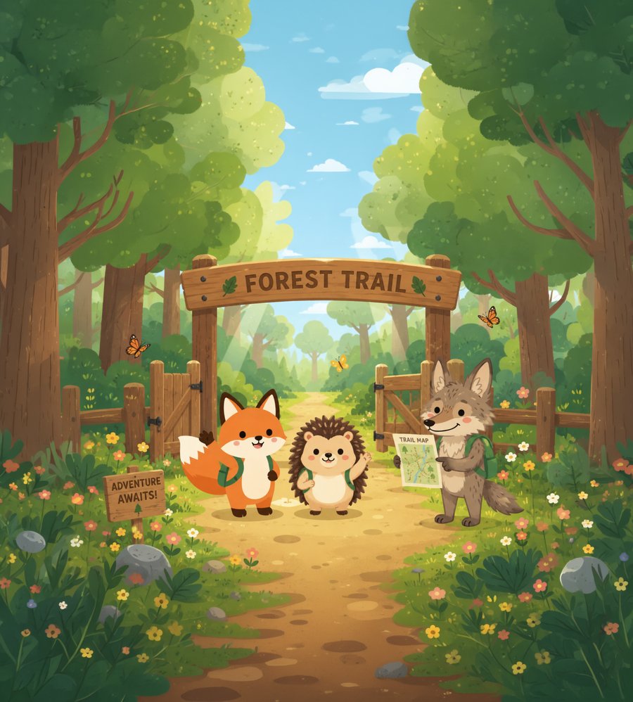 Ferris the Fox, Hazel the Hedgehog and Chris the Coyote at the Forest Gate
