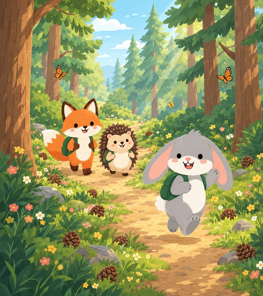 Rosie the Rabbit hopping ahead of Ferris the Fox and Hazel the Hedgehog on a pine forest path