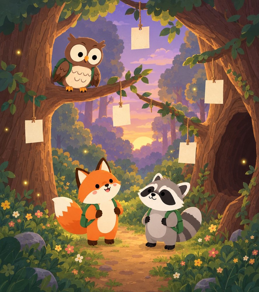 Oliver the Owl on a branch in Owl Hollow, with Ferris the Fox and Riley the Raccoon looking up at word clues hanging from the trees