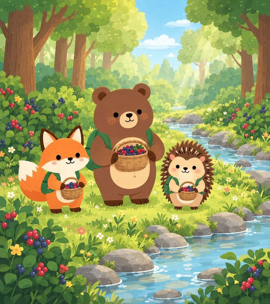 Bruce the Bear by a sunny creek with berry bushes, with Ferris the Fox and Hazel the Hedgehog carrying small baskets of berries