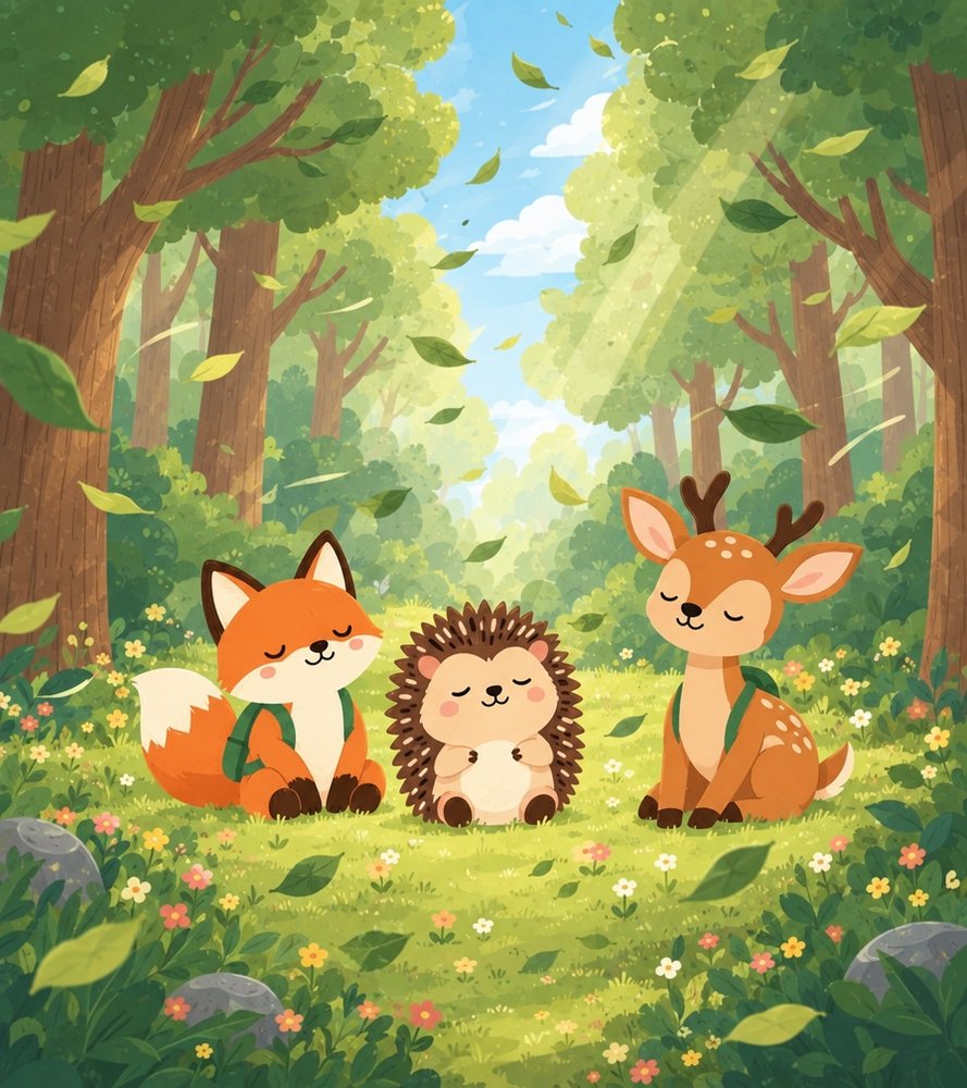 Hazel the Hedgehog in a breezy wood with leaves drifting down, with Ferris the Fox and Donnie the Deer listening to the wind