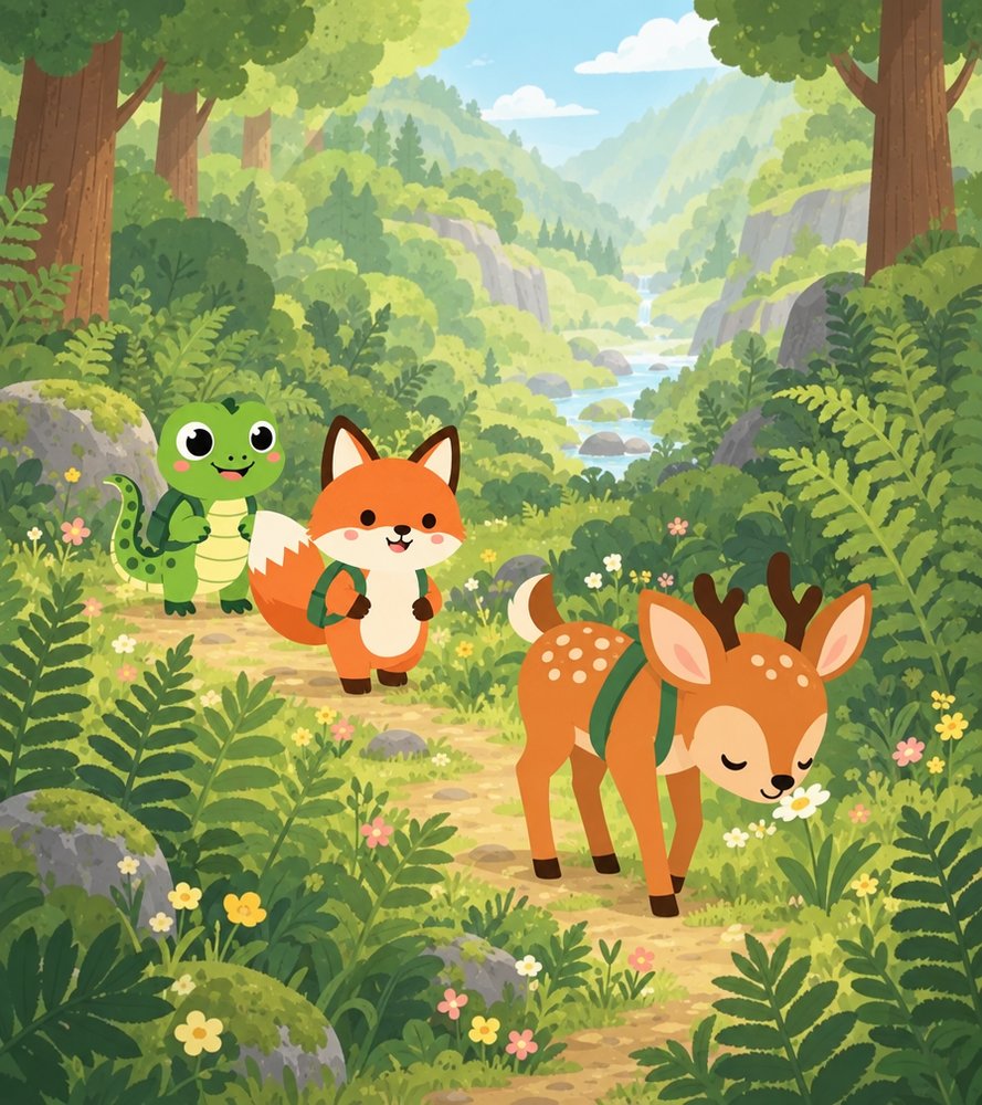 Donnie the Deer walking slowly through a green valley of ferns with Ferris the Fox and Lizzy the Lizard