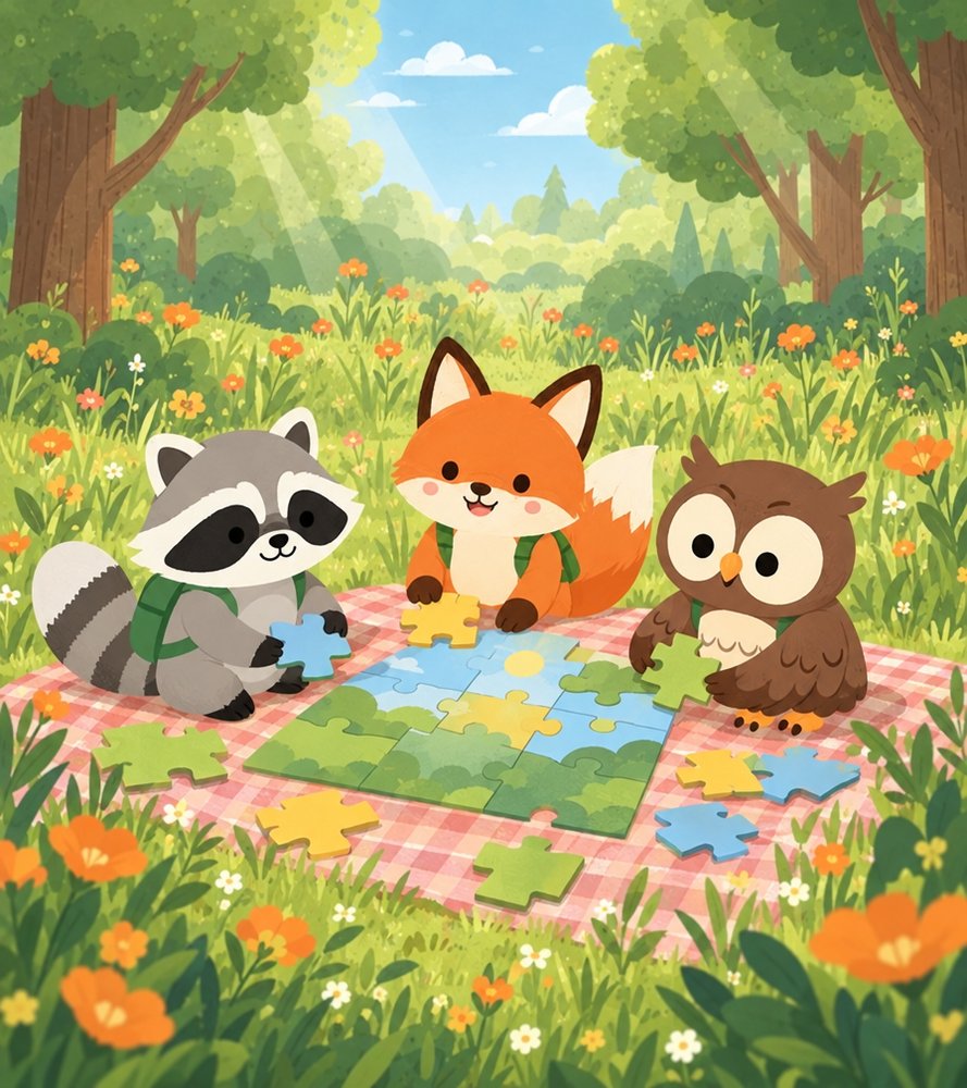 Riley the Raccoon hosting a puzzle party in a sunny meadow with Ferris the Fox and Oliver the Owl