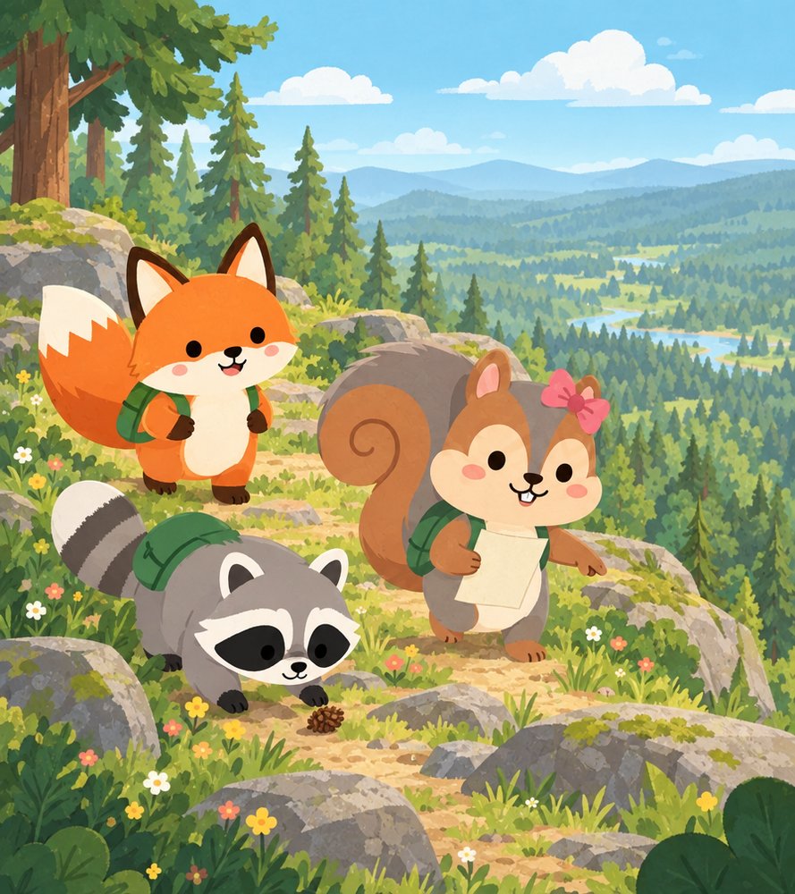 Samantha the Squirrel leading Ferris the Fox and Riley the Raccoon up a rocky ridge on a scavenger hunt