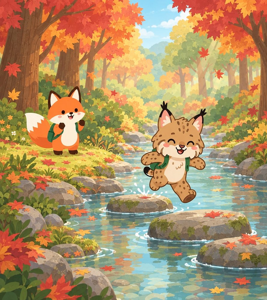 Benny the Bobcat leaping across stepping stones at a maple-lined creek crossing while Ferris the Fox watches