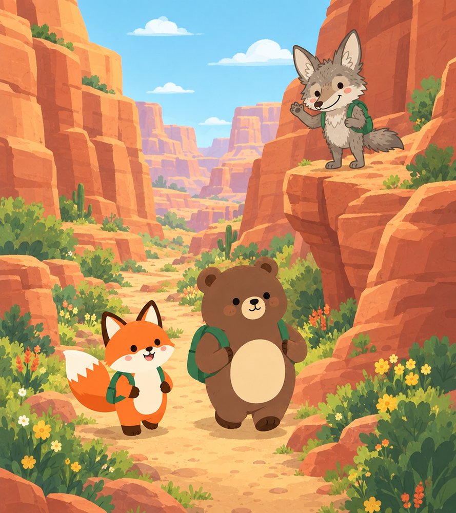 Chris the Coyote standing on a red rock ledge in a sunny canyon, with Ferris the Fox and Bruce the Bear on the trail below