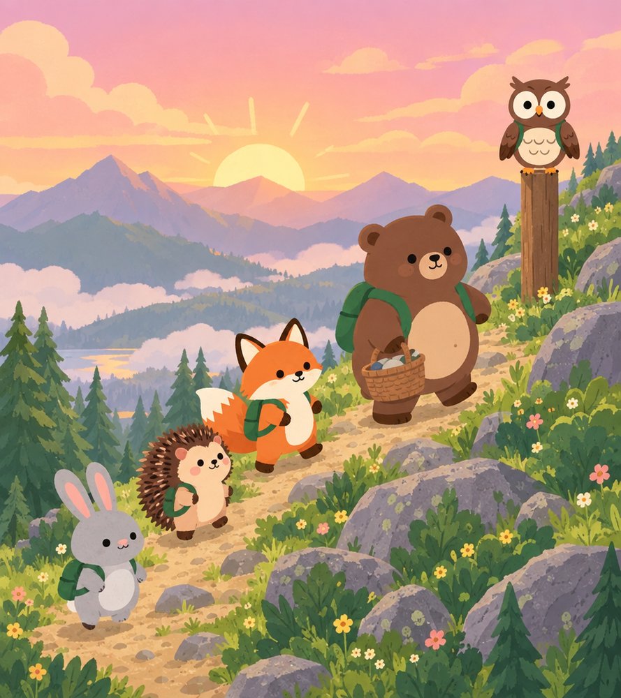 Oliver the Owl and Bruce the Bear on a mountain trail at sunrise, with Ferris the Fox and friends climbing behind them