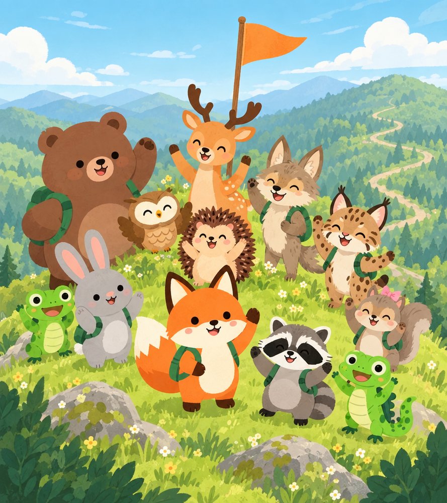 Ferris the Fox at the top of Tomorrow Peak with all his friends, under a bright morning sky