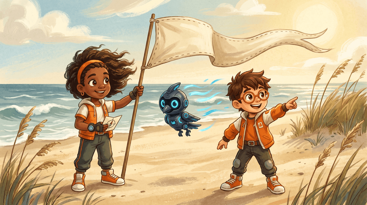 Rocket, Raven and Nova at Station Rooftop on a windy day. Rocket steadies the rain gauge. Raven points at a flag streaming out from its pole. Nova the drone hovers level beside them with her light on.