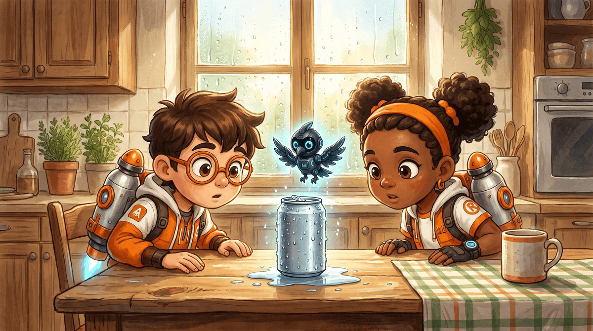 Rocket, Raven and Nova on the rooftop station with a cold can beaded with water drops. Rocket holds the dripping can, Raven touches the wet side, and Nova the drone hovers close with a dim light.