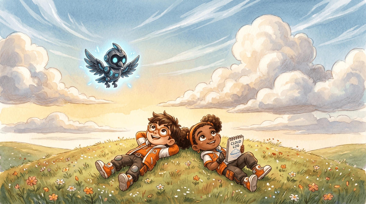 Rocket, Raven and Nova on the rooftop station in a low morning mist. Rocket stands inside the fog with his arms out. Raven looks up at the clearing sky. Nova the drone glows softly at the edge of the mist.