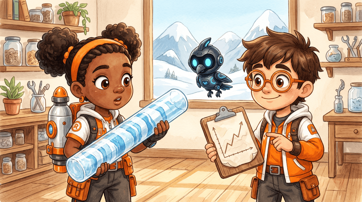 Rocket holds a thermometer beside a world map on Station Rooftop. Raven points at the map. Nova, the small AI companion drone, scatters tiny lights over the continents and oceans.